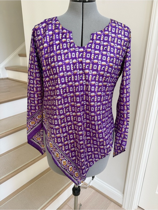 Tops - 100% silk Purple Patterned Long-Sleeve Asymmetric Tunic Top